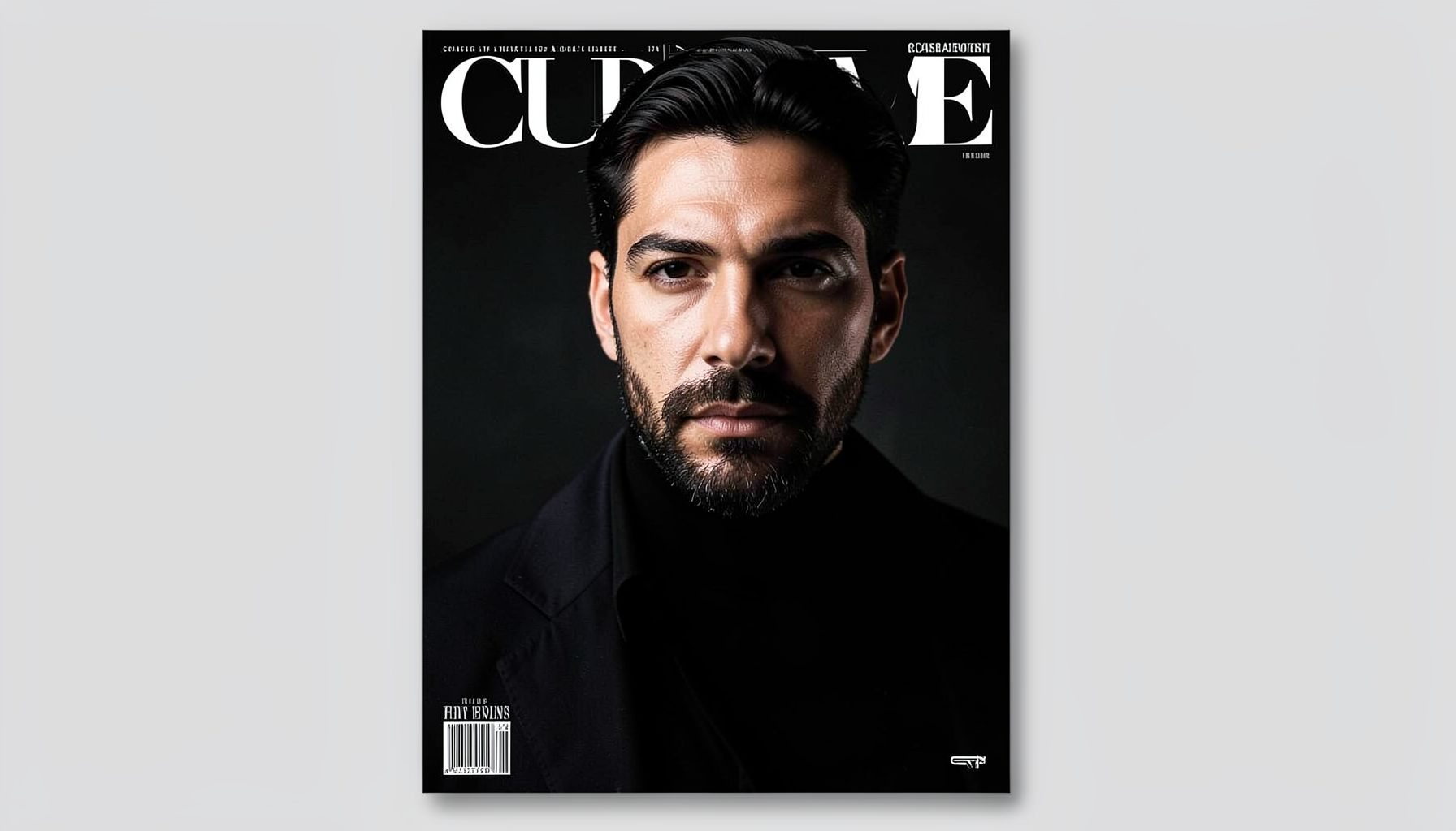 A bold magazine cover with a striking portrait of a man in dark attire, dramatic shadows, and a refined editorial layout.