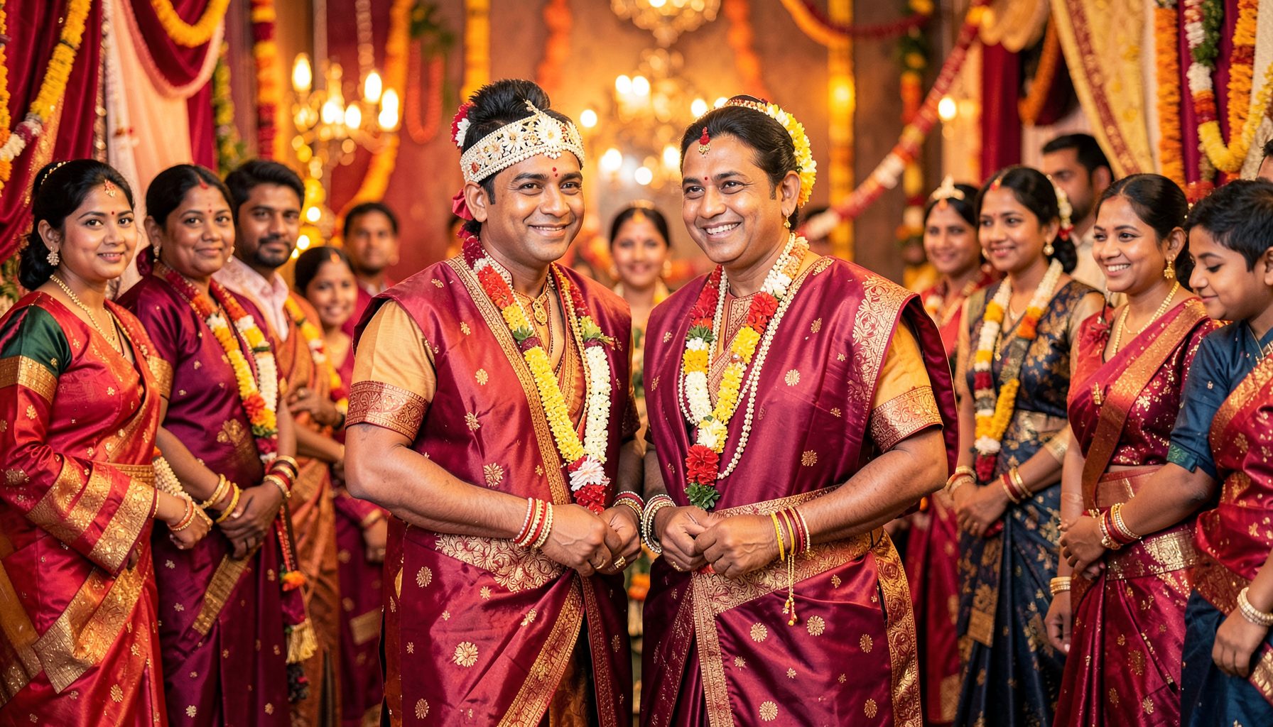 A couple in traditional Nepali wedding attire, rich crimson and gold fabrics, surrounded by family in a warmly lit ceremonial setting