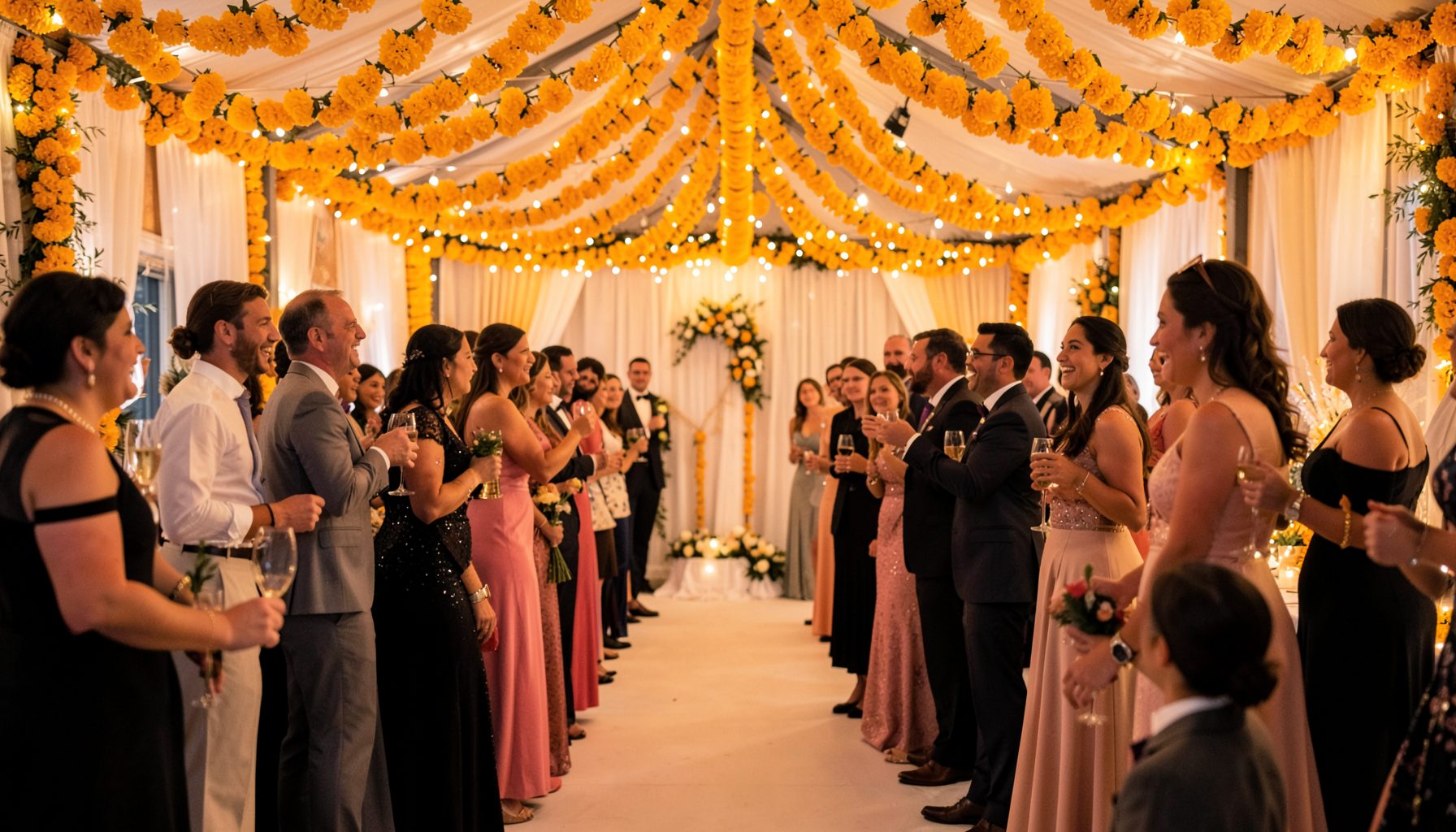 A festive wedding venue decorated with marigold strands and soft amber lighting, guests gathered in celebration
