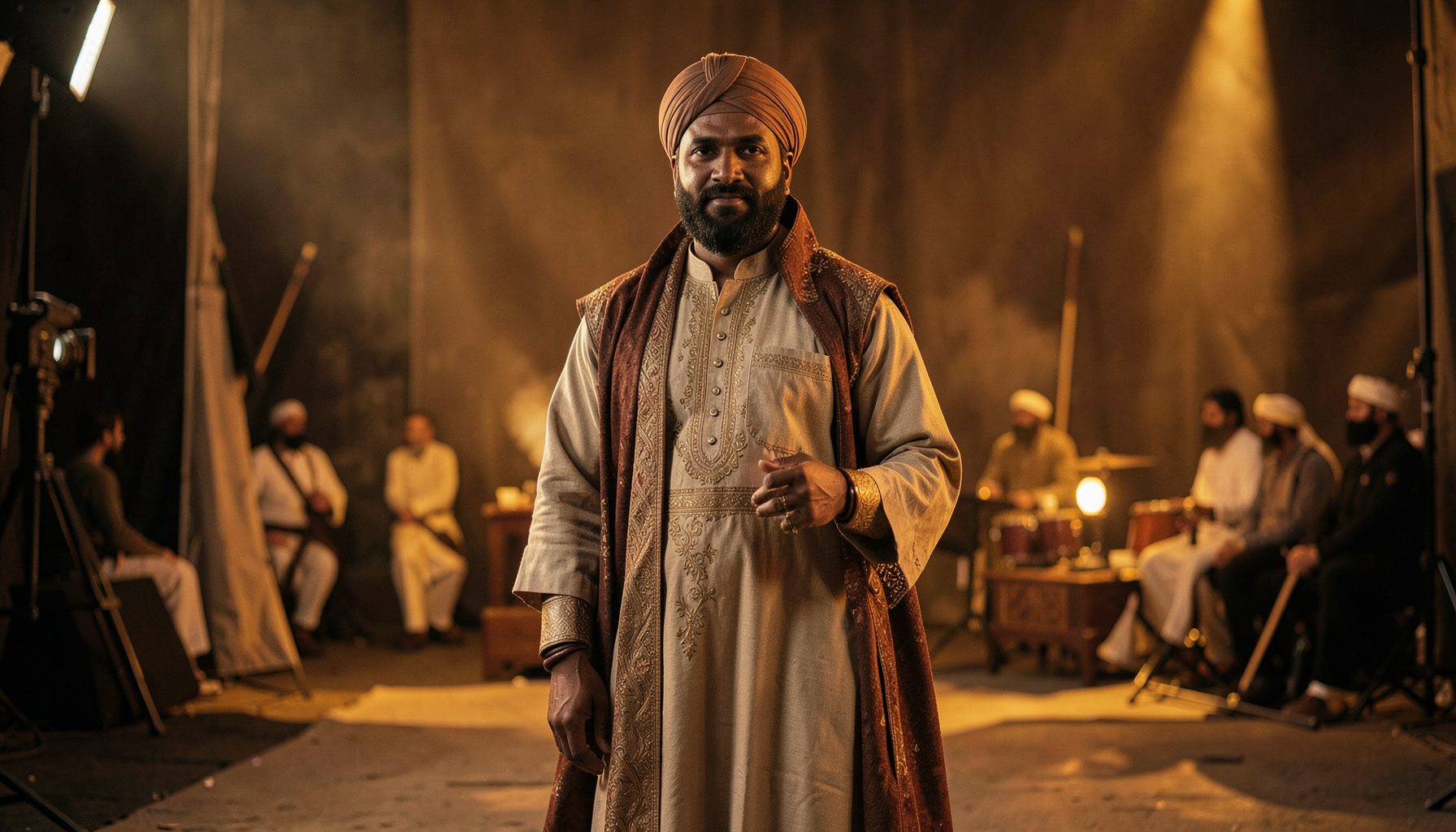 A film-set scene with warm cinematic lighting, a traditional Daura Surwal costume, and a focused production atmosphere.