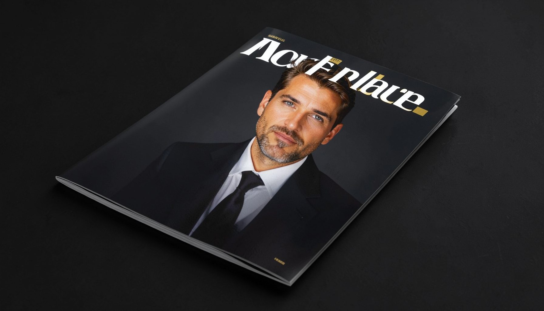 A glossy magazine cover lying on a dark surface, its front page featuring a warm-toned portrait of a man in formal attire against a deep charcoal background, with bold white and gold masthead lettering catching soft studio light.