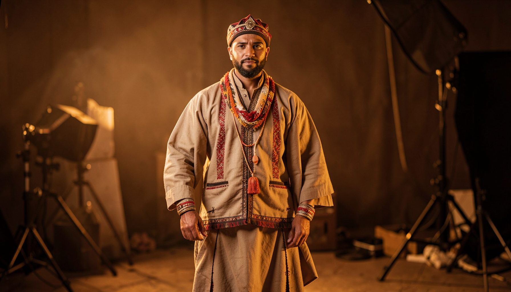 A man in traditional Nepali Daura Surwal attire stands on a film set, warm amber and brown tones, cinematic lighting with soft shadows.