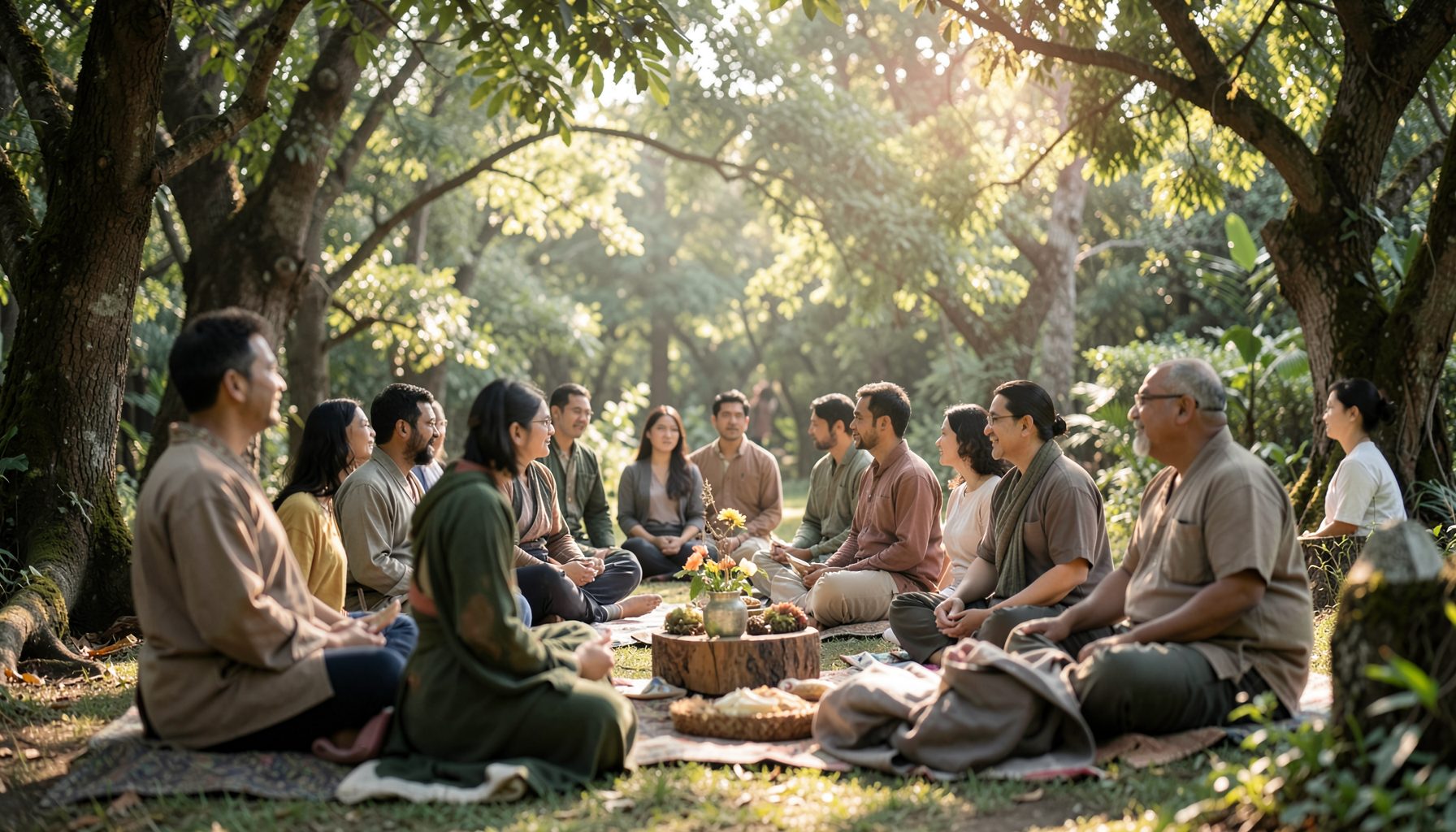 A serene outdoor gathering at a spiritual retreat, with soft natural light filtering through trees and a calm, reflective mood.