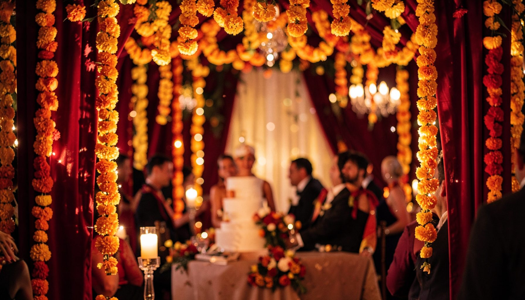A warm, softly lit wedding scene with rich red and gold tones, marigold garlands, and an intimate celebratory atmosphere
