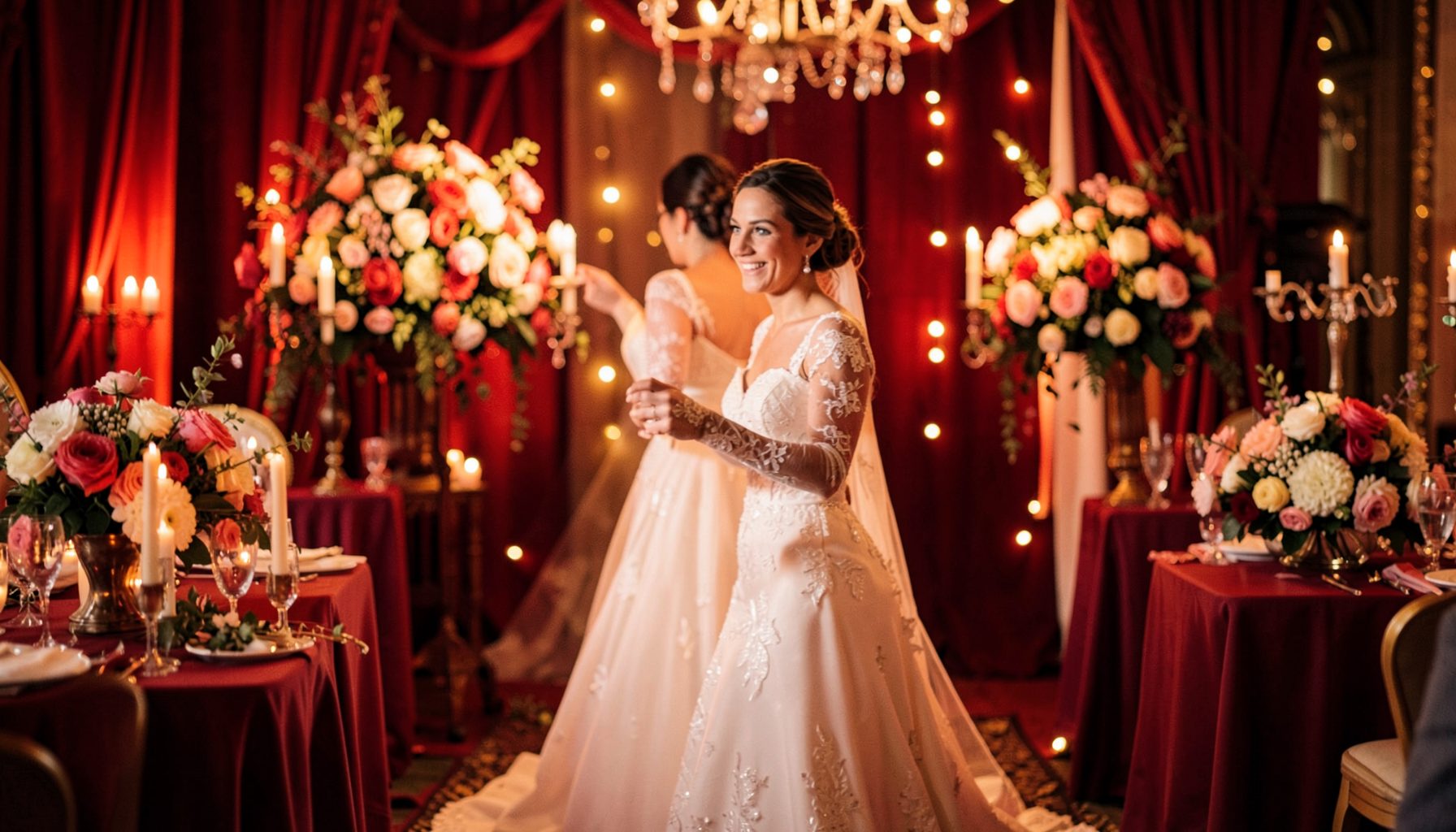 A warmly lit wedding scene with rich red and gold tones, soft floral arrangements, and an intimate celebratory atmosphere.