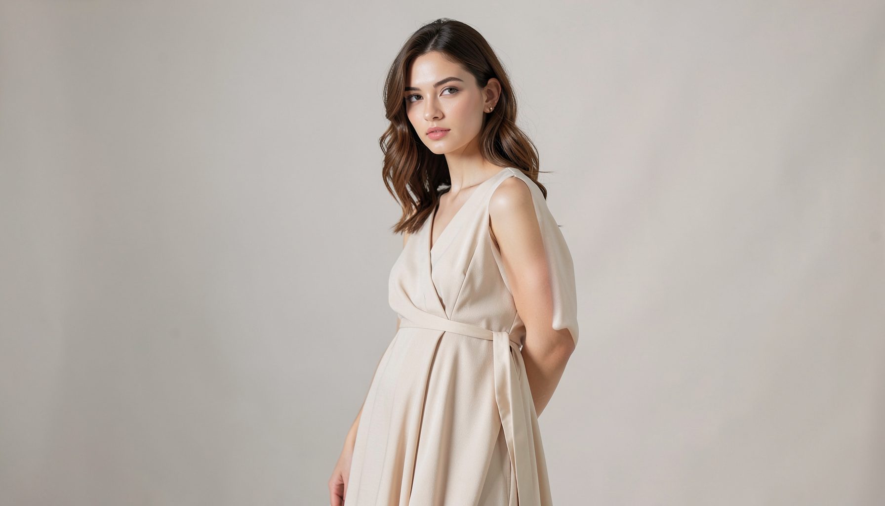 A young woman in an elegant modelling pose, dressed in soft neutral tones against a studio backdrop with gentle lighting.