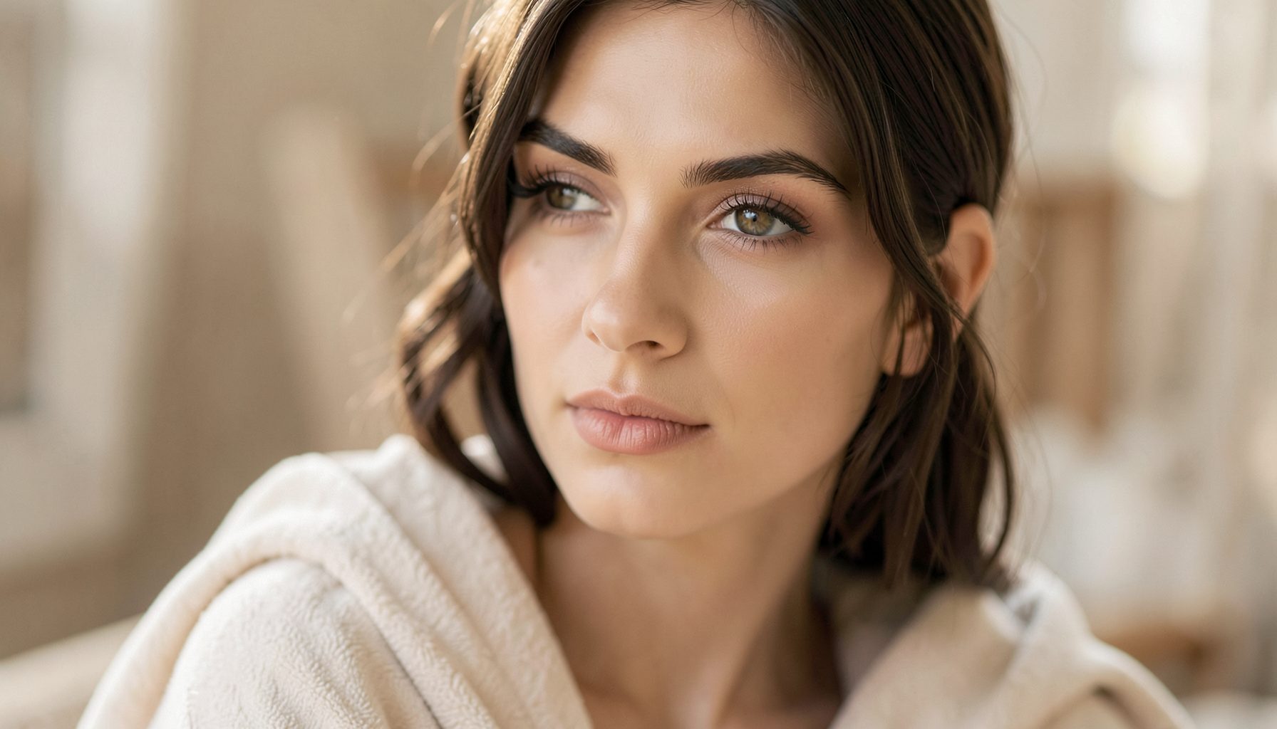 Close-up beauty shot in soft natural light, neutral earth tones, serene mood