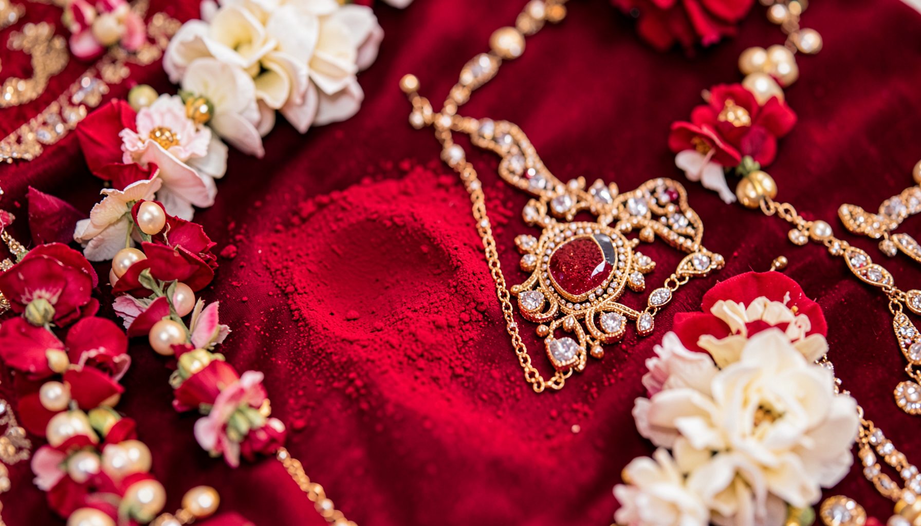 Close-up of ceremonial wedding details — vermilion powder, flower garlands, and ornate gold jewelry against deep red textiles