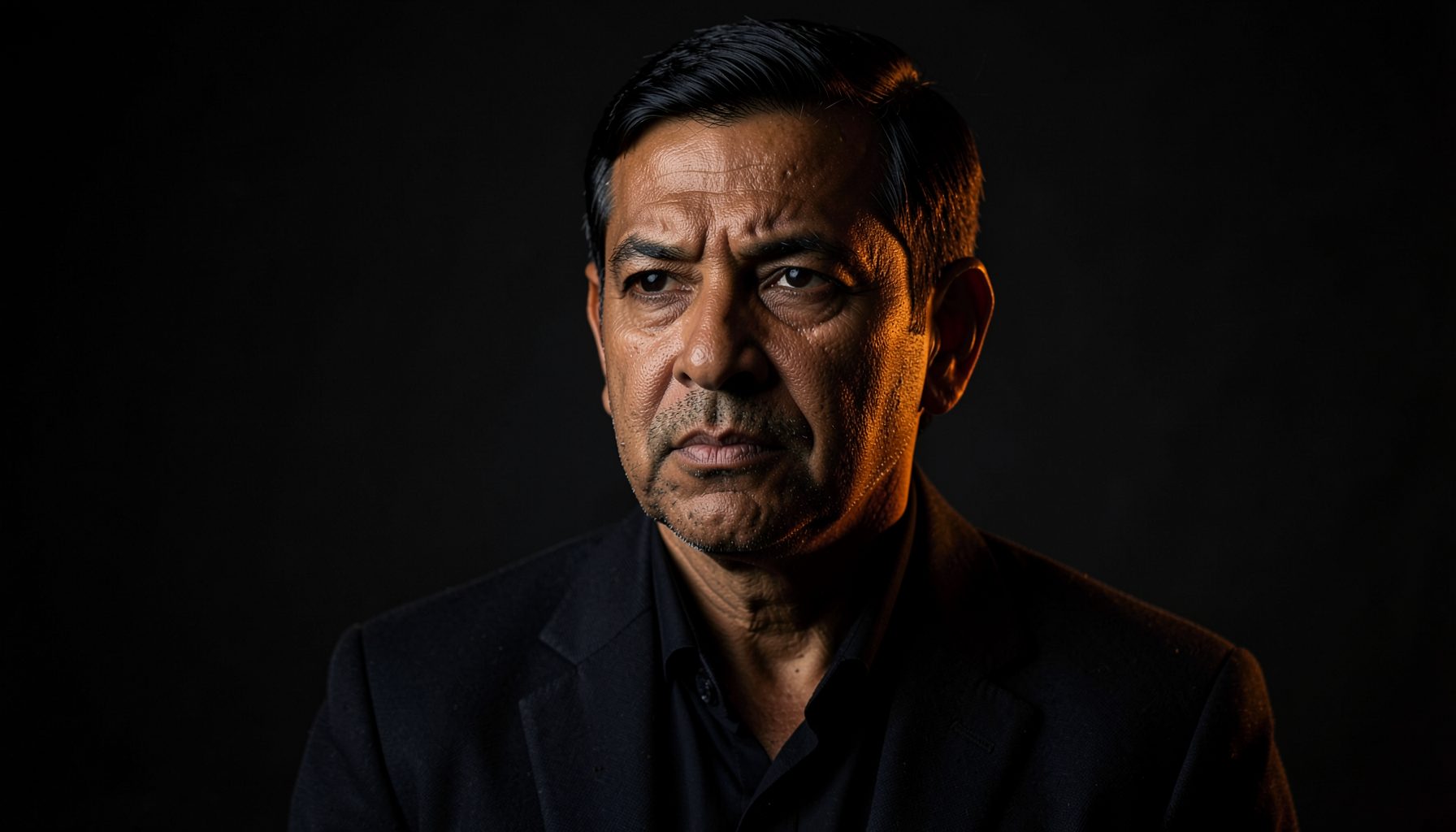 Dramatic low-key portrait of a Nepali man in his fifties with a composed expression, wearing a dark blazer against a deep charcoal backdrop, warm amber rim light catching the edge of his face