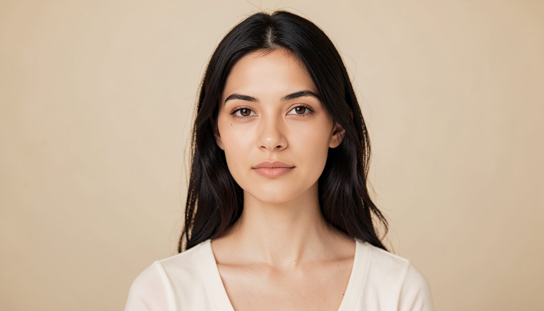 Soft-lit portrait of a woman with dark hair in a warm beige and cream palette, gentle expression, studio backdrop